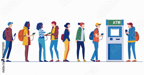 A diverse queue of people stand in line at an ATM, using their mobile phones while they wait. The scene depicts urban life and financial transactions in a modern setting.