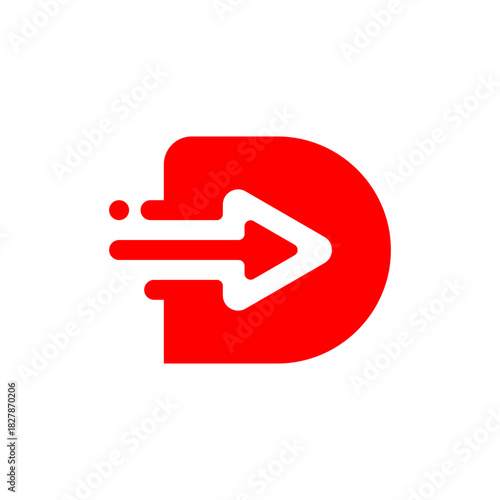 Modern logo concept featuring the letter D in red combined with a fast-moving play arrow icon, ideal for technology or delivery services