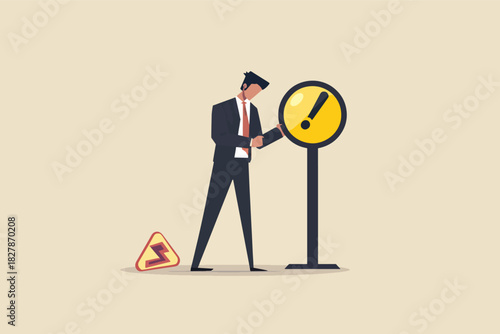 A business man is faced with potential danger or threat, represented by a lightning bolt symbol, it emphasizes hazard awareness and the need for caution.