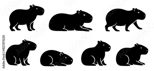 Capybara silhouettes present relaxed standing and resting poses with smooth rounded shapes. Each figure highlights gentle anatomy and natural calm behavior