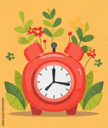 A vintage red alarm clock surrounded by various green plants and flowers signifies the passage of time in a garden-like, vibrant springtime setting.
