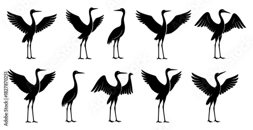 Crane silhouettes display tall elegant poses with raised wings and long legs. Each figure emphasizes graceful movement and refined bird structure. The silhouettes have very high quality