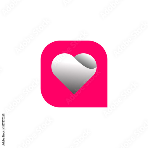 A stylish silver heart with a subtle peeling effect set inside a vibrant pink rounded square, a modern and clean logo concept for a dating app or social media favorite icon