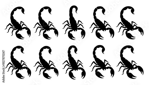 Scorpion silhouettes show curved tails and strong claws in dynamic stances. Each figure highlights natural aggression and bold insect form. The silhouettes have very high quality