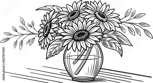 Sunflowers in outline form. Line art of sunflowers illustration.
