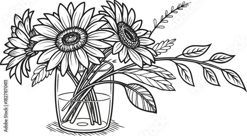 Sunflowers in outline form. Line art of sunflowers illustration.