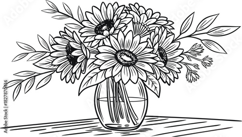 Sunflowers in outline form. Line art of sunflowers illustration.