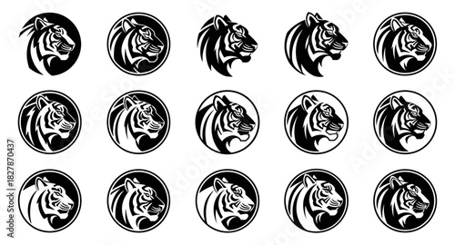 Tiger head collection shows sharp stripes and strong facial contours. Each emblem has expressive bold lines. The silhouettes have very high quality