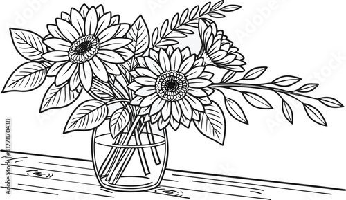 Sunflowers in outline form. Line art of sunflowers illustration.