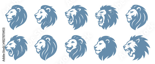 Lion head graphic logos with expressive profiles and flowing mane shapes. Each version highlights strength and calm authority. The clean lines create bold visual identity options