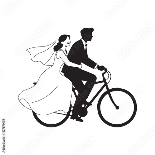 A unique silhouette of a bridal couple cycling together with a cheerful and loving atmosphere