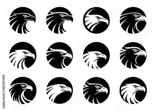 Eagle head logos feature sharp curves and strong angular lines. Each emblem emphasizes focused expression and dynamic shape. The set creates a powerful unified style