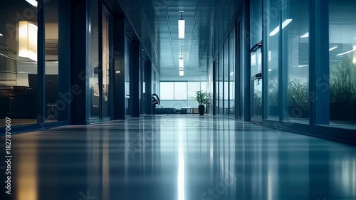 Wallpaper Mural Modern office hallway with reflective tiled floor and warm ambient lighting Torontodigital.ca