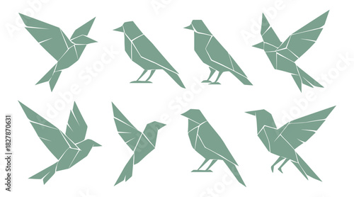 Geometric bird silhouettes formed with angular flat shapes. Each figure shows clear flying or standing poses with minimal structure