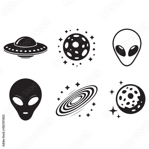 Space Icons Featuring Aliens UF Os and Planets spaceship