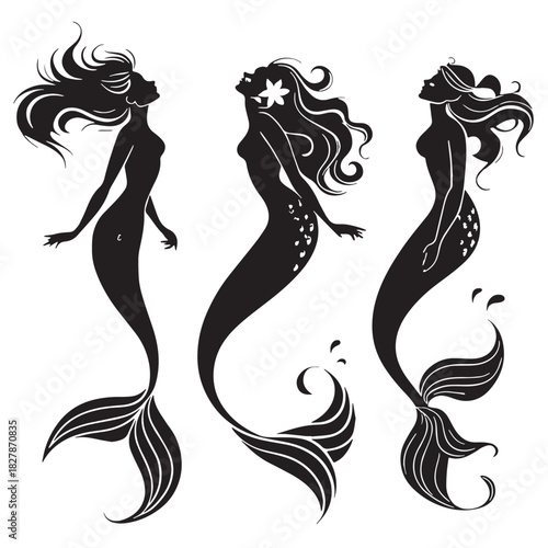 Black mermaids and sirens Silhouette Vector, High Quality Illustration on White Background