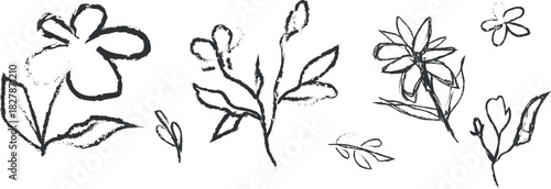 Simple floral sketch collection with leaves and buds in black ink