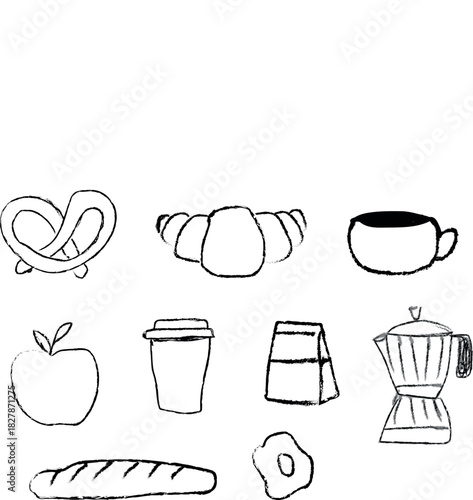 Hand drawn food and drink items in simple black lines