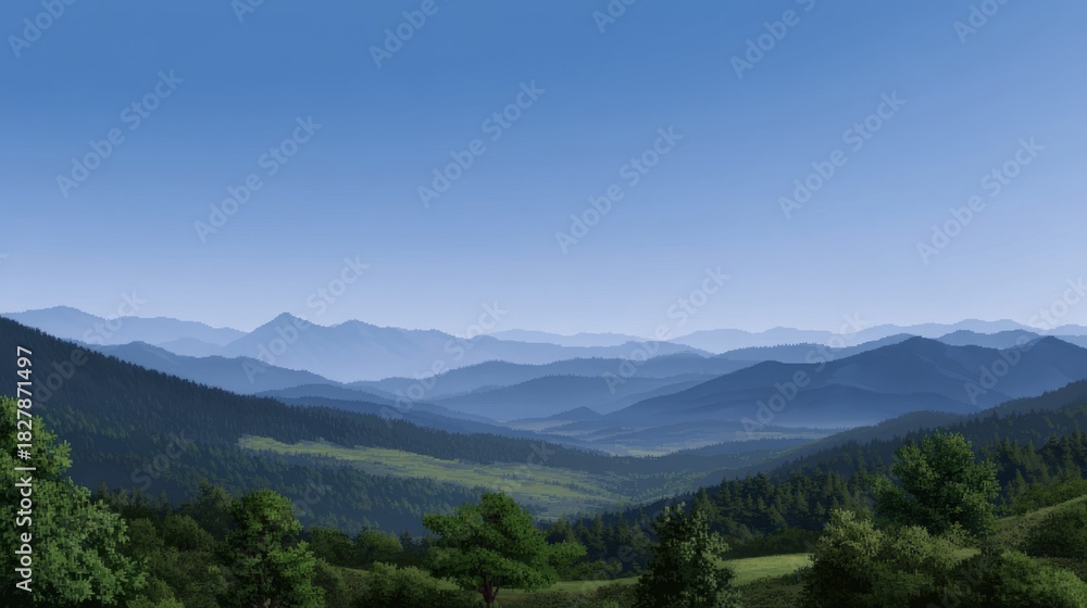 Fototapeta premium Layered Pixel Background of Rolling Hills Under a Clear Blue Sky in Peaceful Landscape