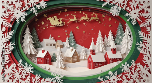 Intricate papercraft diorama of a snowy Christmas village scene.