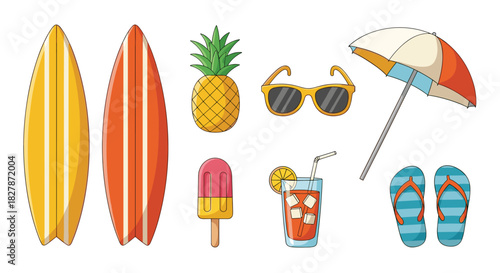 Colorful cartoon collection of essential summer beach vacation items including surfboards pineapple sunglasses and flip-flops for a tropical theme.