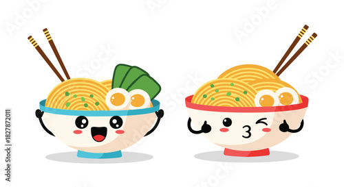 Adorable kawaii-style vector illustration of two happy ramen noodle bowls with cute faces chopsticks and toppings on a white background.