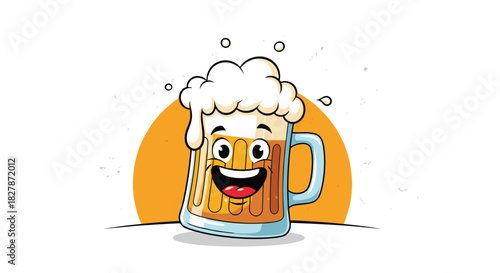 Cheerful cartoon beer mug character with a big happy smile and a foamy head set against a bright yellow sun background illustration.