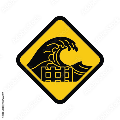 Tsunami flood danger warning icon. high wave hazard symbol. Vector