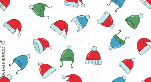 Festive seamless pattern background with colorful cartoon Christmas Santa hats and winter beanies scattered on a clean white background.