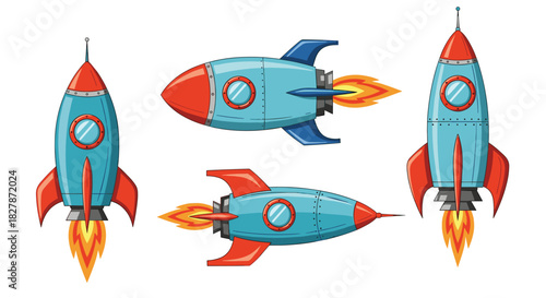 Set of colorful retro cartoon spaceships and rockets in various positions with flames firing from the engines for space exploration.
