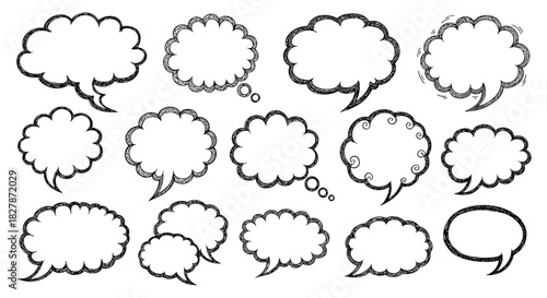 Large set of hand-drawn comic speech bubbles and thought clouds with a sketchy scribble texture for dialogue and communication concepts.