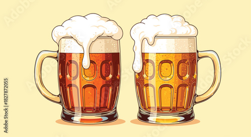 Detailed vector illustration of two overflowing glass mugs filled with light and dark beer with a thick frothy head of foam.