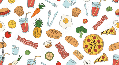 Seamless food pattern background with hand-drawn doodle-style illustrations of pizza bacon eggs pie fruit and other breakfast items.
