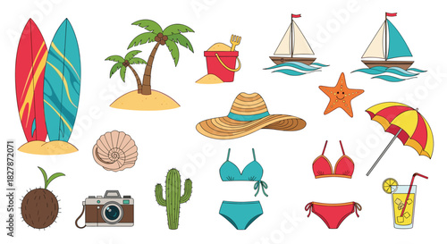 Large collection of colorful hand-drawn summer beach vacation icons including a palm tree surfboard bikini and camera for travel designs.