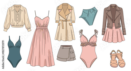 Fashionable collection of hand-drawn women's clothing and accessories including a dress jacket skirt swimsuit and sandals for summer style.