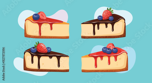 Delicious set of four illustrated cheesecake slices with different toppings including chocolate sauce strawberry jam and fresh berries.