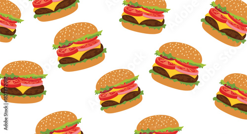 Fun seamless pattern background of tasty cartoon cheeseburgers with lettuce and tomato scattered randomly on a clean white background.