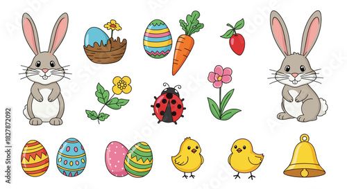 Adorable collection of cute cartoon Easter holiday elements including bunnies chicks painted eggs a carrot and flowers for spring celebrations.
