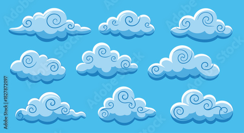 Collection of stylized cartoon clouds with decorative swirls in various shapes set against a solid blue sky background for weather concepts.