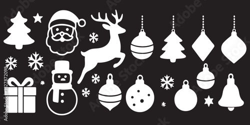 Christmas ball icon set. Christmas balls and ornaments holiday decoration vector illustration on black background.