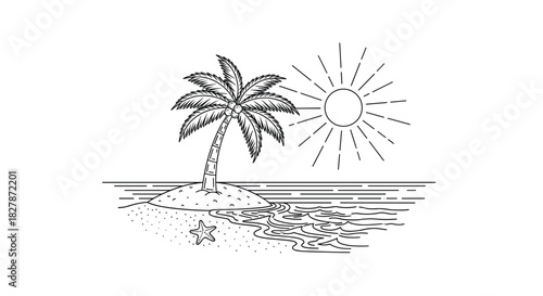 Minimalist black and white line art illustration of a tropical island with a single palm tree the sun and ocean waves.