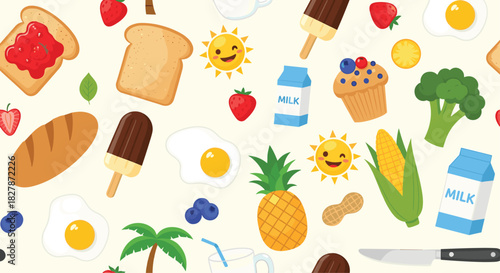Cute and colorful seamless pattern for a summer breakfast theme with cartoon suns eggs toast fruit and milk on a cream background.
