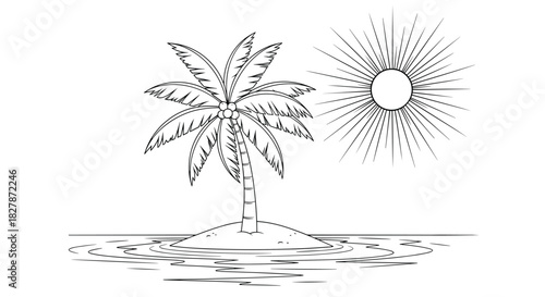 Simple black and white line art drawing of a tropical desert island with a single coconut palm tree and a bright sun.