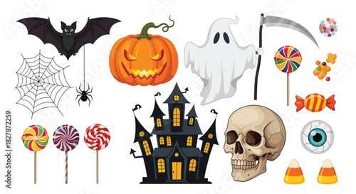 Large collection of colorful and detailed cartoon Halloween icons including a pumpkin ghost haunted house skull and various candies.