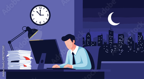 Illustration of a tired businessman working overtime late at night in a dark office with a city view from the window.