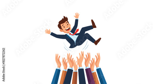 Happy businessman being thrown into the air by his colleagues' hands as a celebration of success teamwork and achievement.