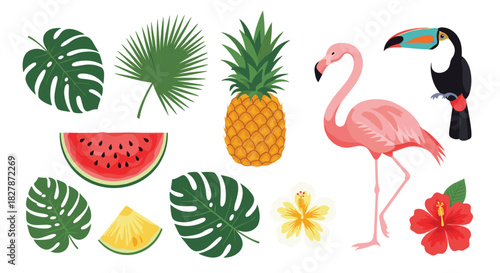Collection of vibrant tropical summer elements including a pink flamingo a toucan pineapple and exotic leaves and flowers.