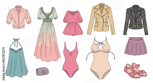 Stylish collection of hand-drawn women's clothing and accessories including dresses a jacket a skirt and swimsuits for a summer wardrobe.