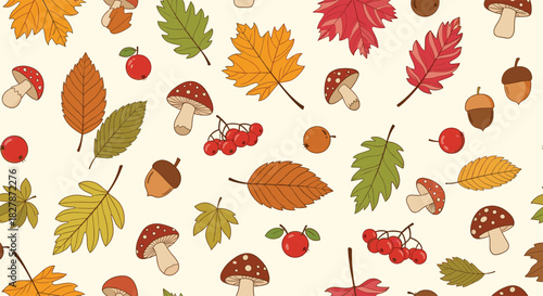 Cozy seamless autumn pattern with colorful fall leaves mushrooms acorns and berries scattered on a light cream-colored background.