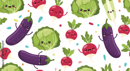 Cute and seamless kawaii vegetable pattern with happy cartoon cabbage radish and eggplant characters on a clean white background.